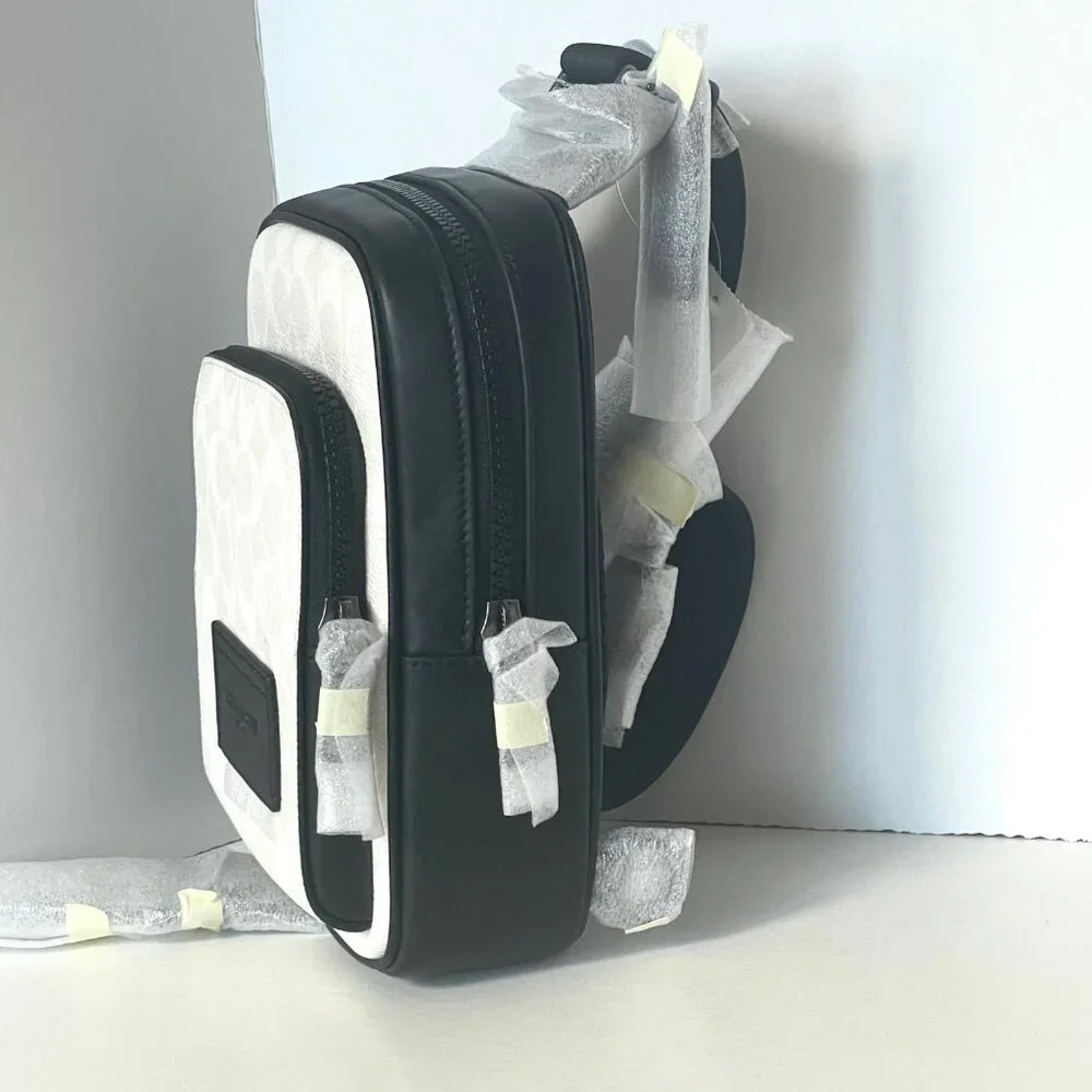 Coach Racer Sling Pack CV763 Black Chalk Signature Canvas Leather Crossbody